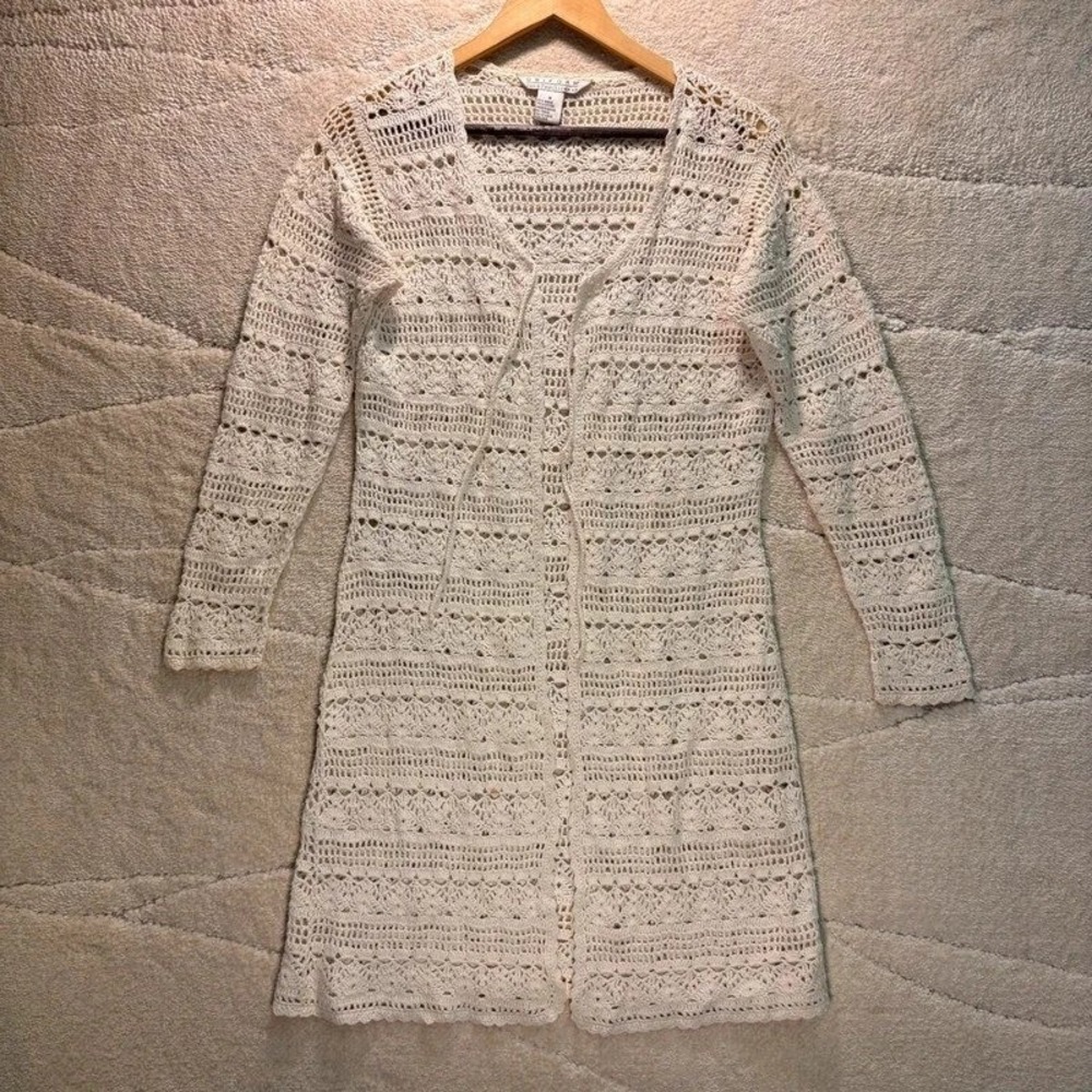 Vintage John Paul Richard Ivory Crochet Duster Cardigan Women's M Boho Y2K *